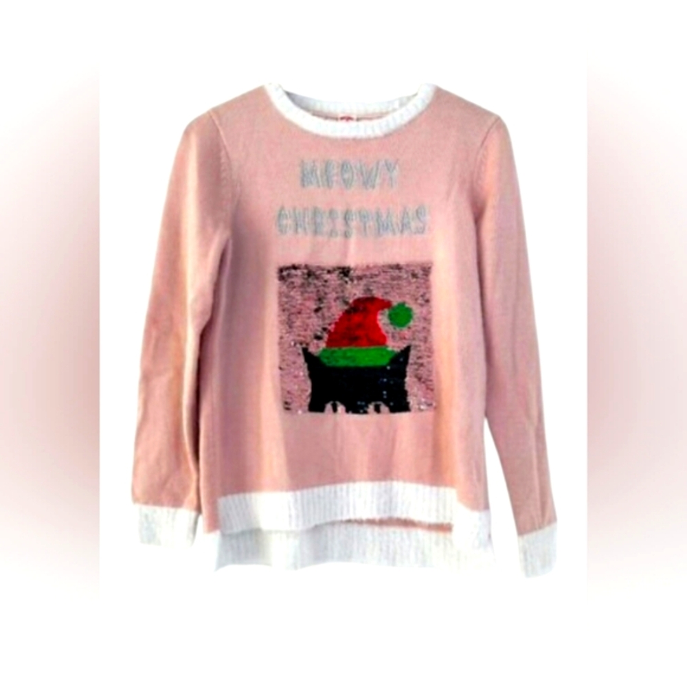 Holiday Time Pink White Fuzzy Meowy Christmas Sequin Cat Ugly Christmas Sweater
